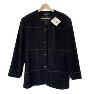 THEOMILES NAVY/BROWN WOOL BLEND PLAID COAT WITH WINDOWPANE CHECK, M
